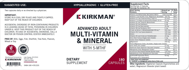 Kirkman Labs - Advanced Adult Multi-Vitamin/Mineral - With 5-MTHF - OurKidsASD.com - 
