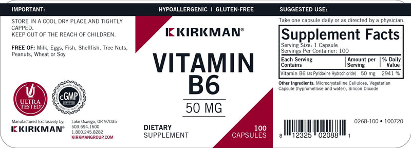 Kirkman Labs - Vitamin B-6 50 Mg (Pyridoxine Hydrochloride) Hypoallergenic - OurKidsASD.com - 