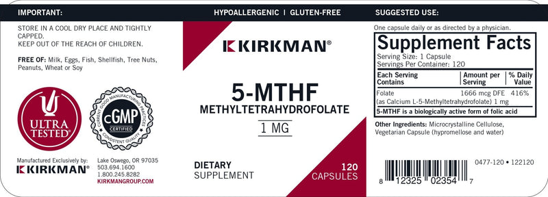 Kirkman Labs - 5-MTHF ([6S]-5-Methyltetrahydrofolate) 1 Mg - Hypoallergenic - OurKidsASD.com - 