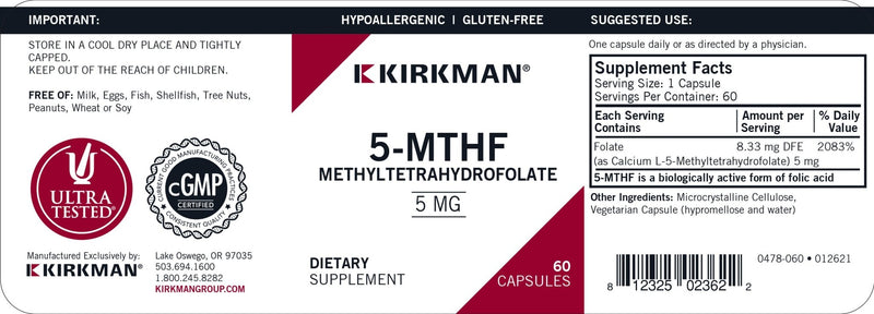 Kirkman Labs - 5-MTHF ([6S]-5-Methyltetrahydrofolate) 5 Mg - Hypoallergenic - OurKidsASD.com - 