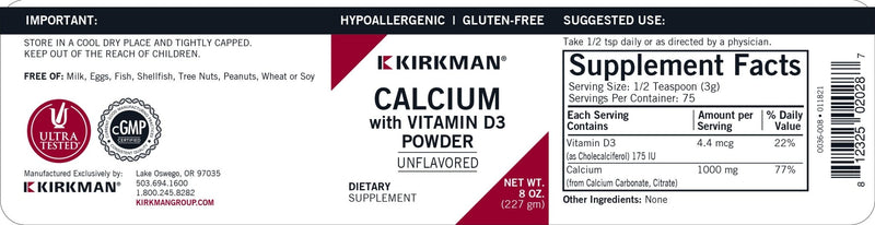 Kirkman Labs - Calcium With Vitamin D3 Powder (Unflavored) Hypoallergenic - OurKidsASD.com - 