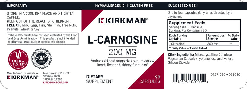 Kirkman Labs - L-Carnosine 200 Mg. Hypoallergenic - OurKidsASD.com - 