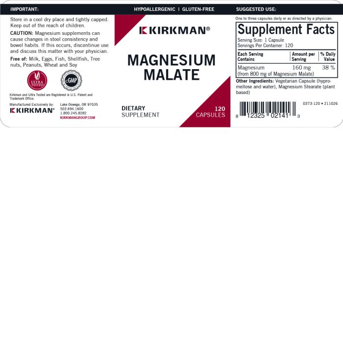 Kirkman - Magnesium Malate 800 Mg Hypoallergenic - OurKidsASD.com - 