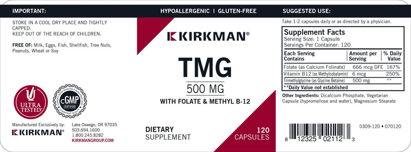 Kirkman Labs - TMG 500mg with Folate & Methyl B-12 - OurKidsASD.com - 