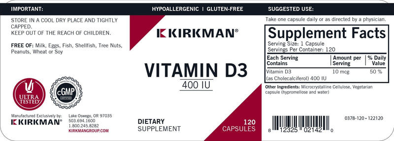 Kirkman Labs - Vitamin D3 400 IU Hypoallergenic - OurKidsASD.com - 